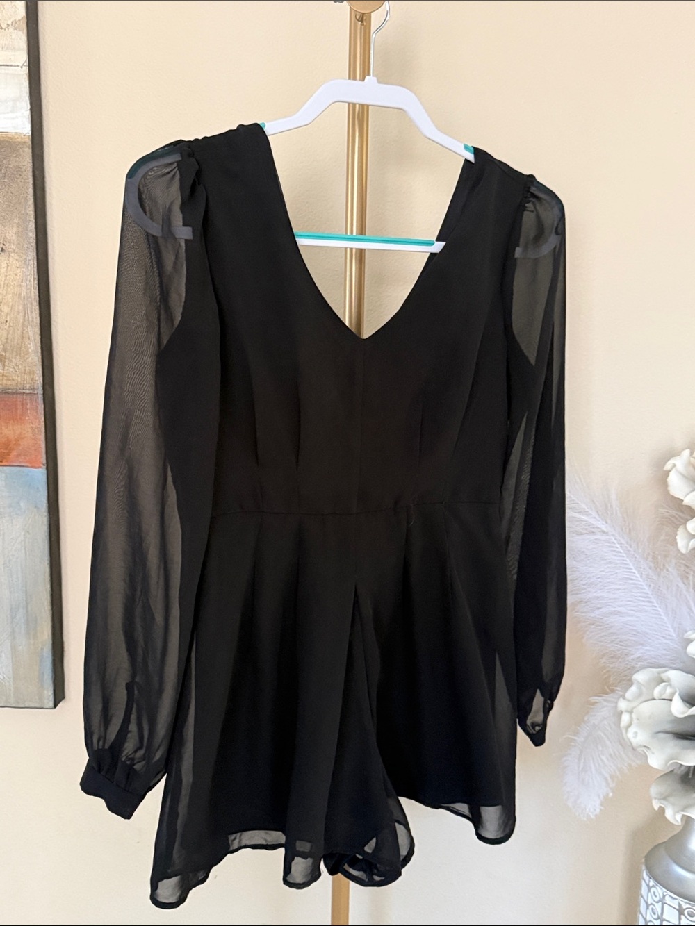 Finesse Black Chiffon V-Neck Long Sleeve Romper